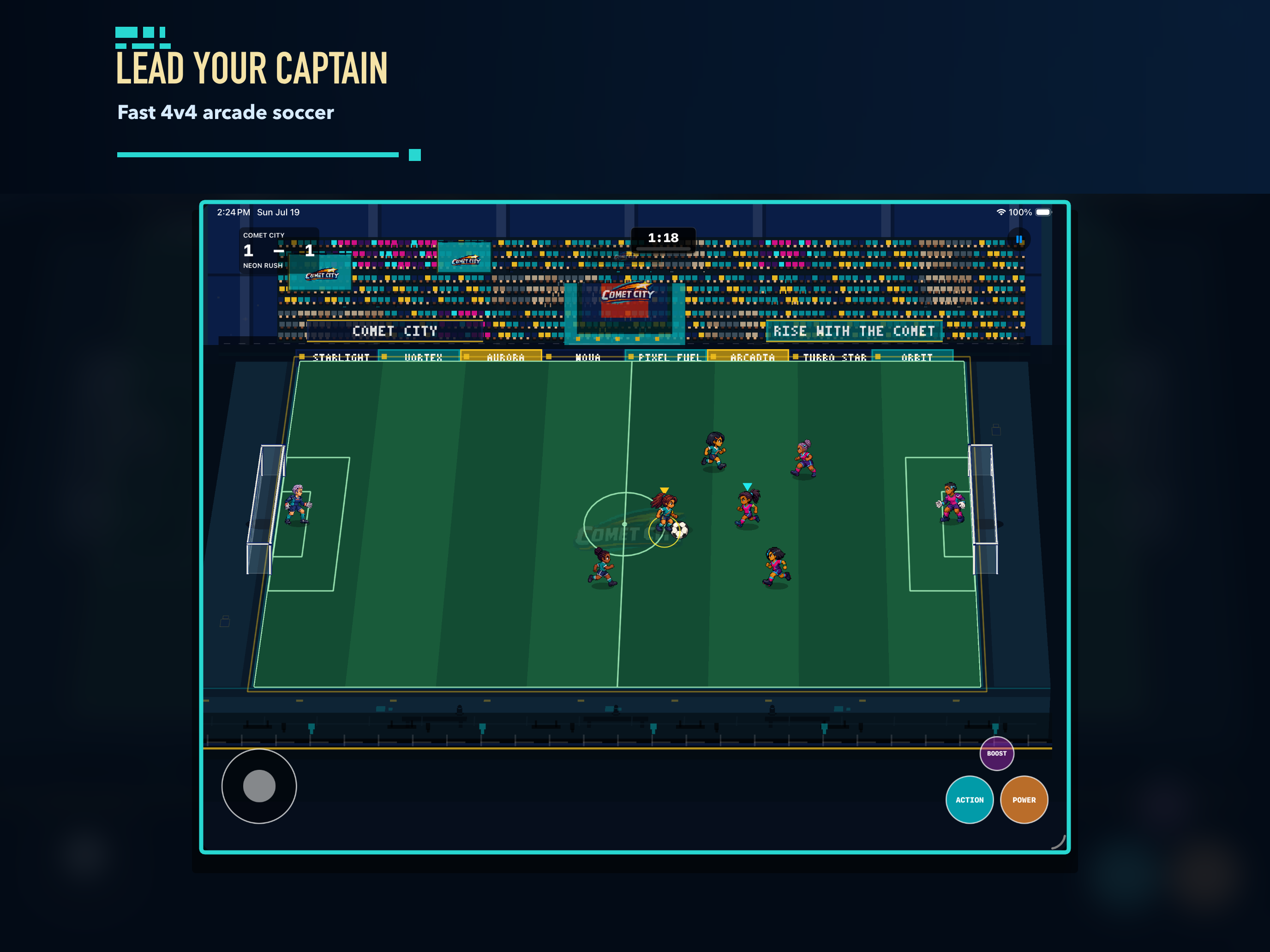 Comet City attacks in a four-versus-four stadium match with the captain highlighted near the ball.