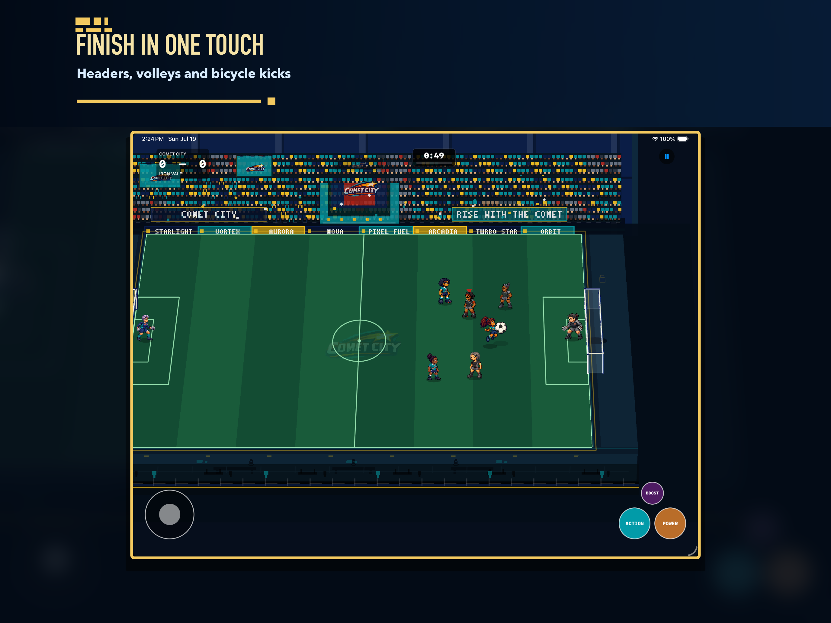 A first-time attacking finish unfolds in front of goal during a Captain Circuit match.