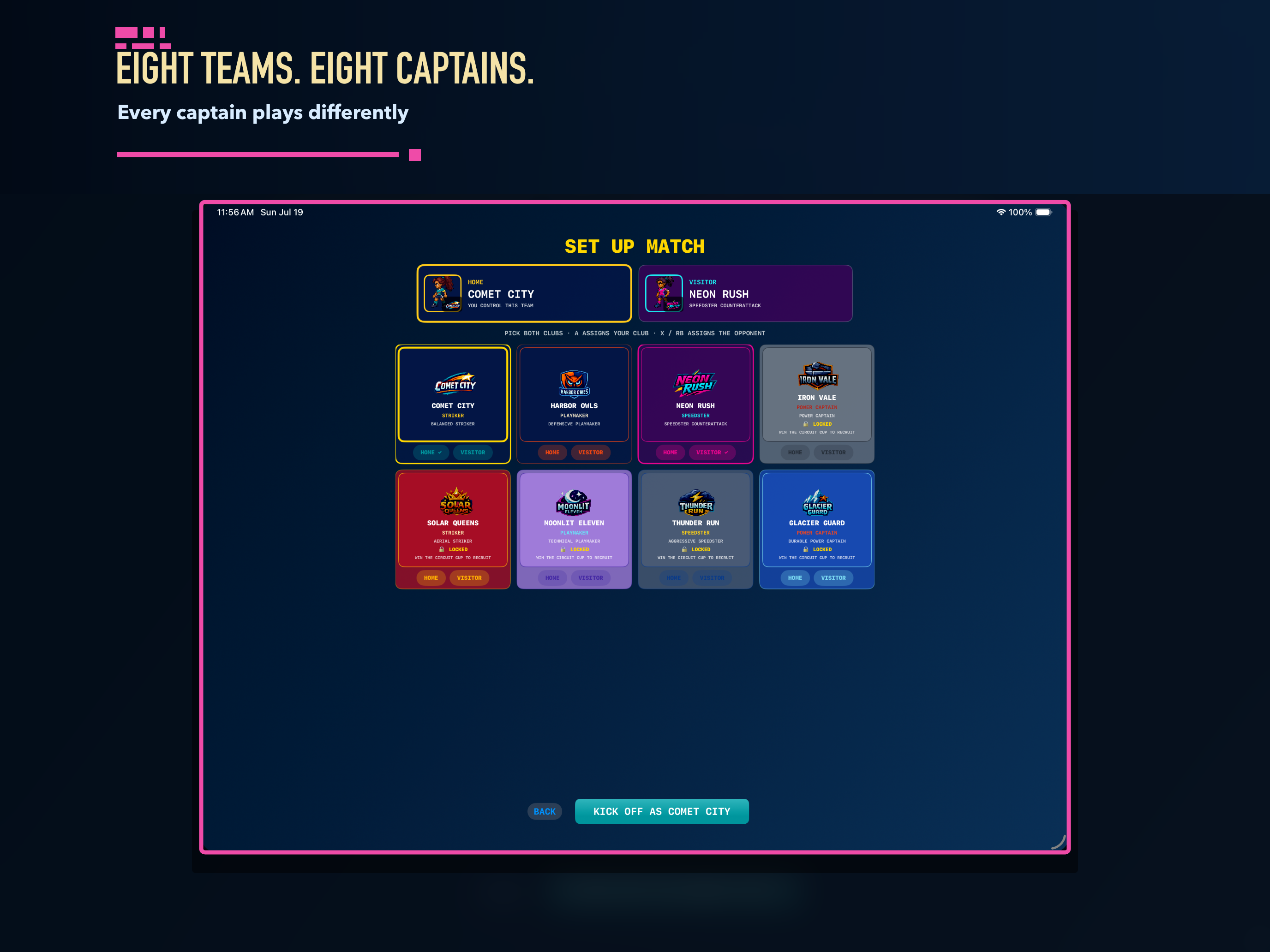 The Captain Circuit team selection screen presents the eight rival clubs.