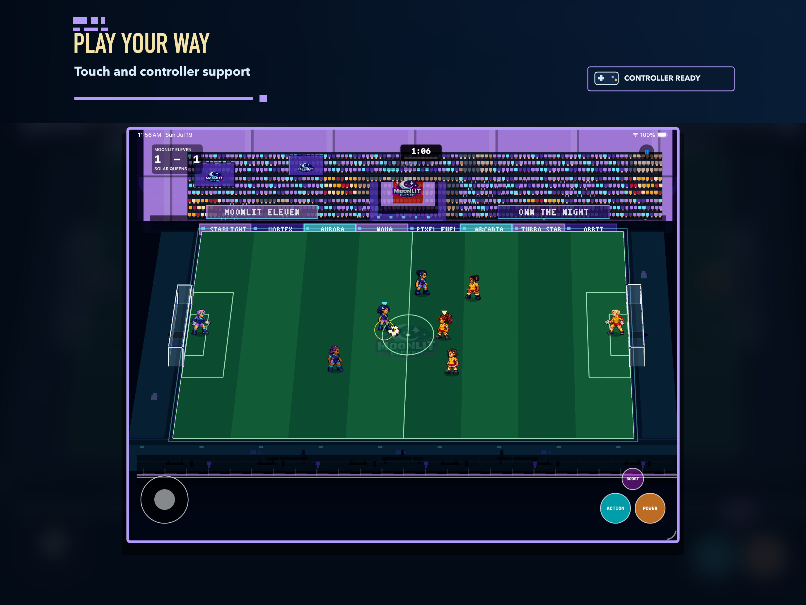 Captain Circuit gameplay demonstrates landscape touch controls and controller-ready play.