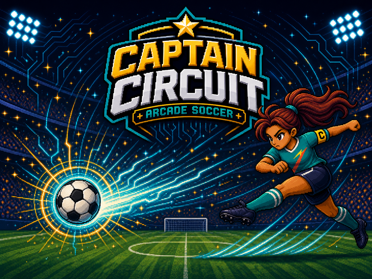 Comet City’s captain charges forward with the ball beneath the Captain Circuit wordmark in a packed pixel-art stadium.